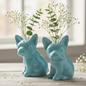 Turquoise Blue French Bulldog Ceramic Shaker Set - Frenchie Bud Vases